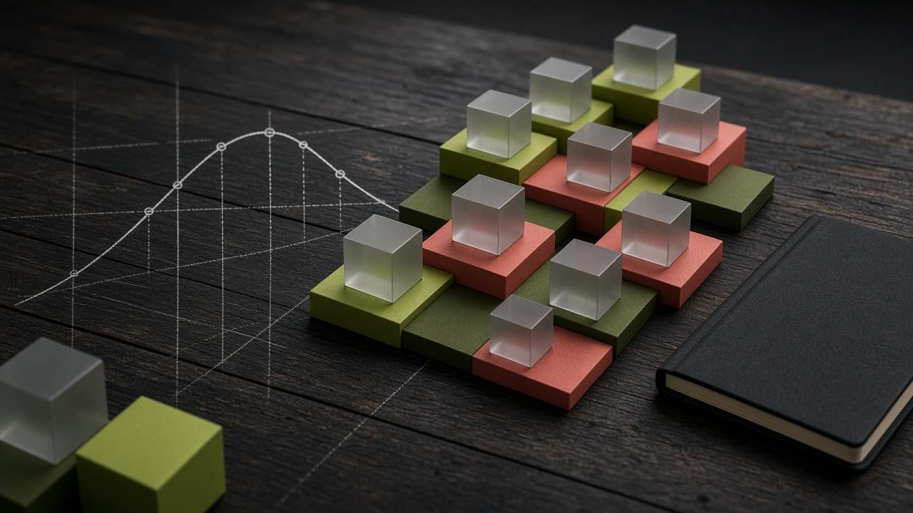 Mesa escura com cubos translúcidos, peças geométricas e um caderno em branco