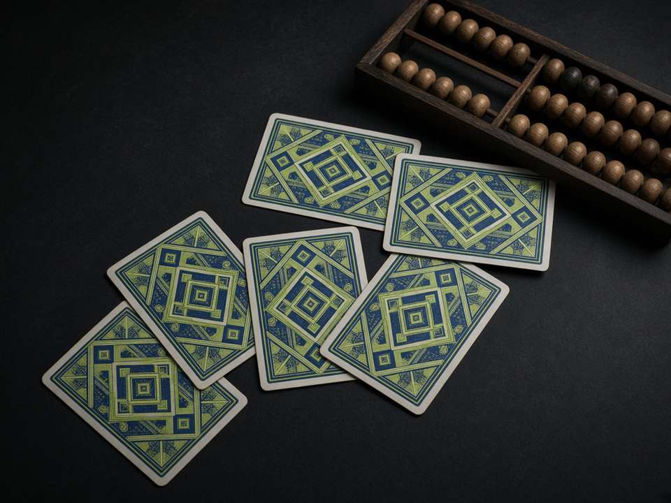 Cartas viradas ao contrário e um ábaco sobre uma mesa escura